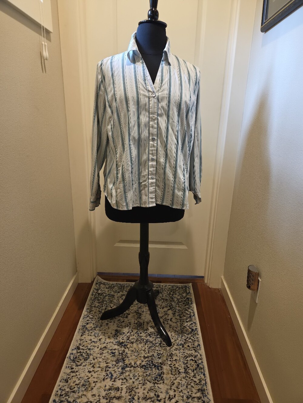 Style & Co. White and Blue Vertical Stripe Button-Down Shirt With Covered Button